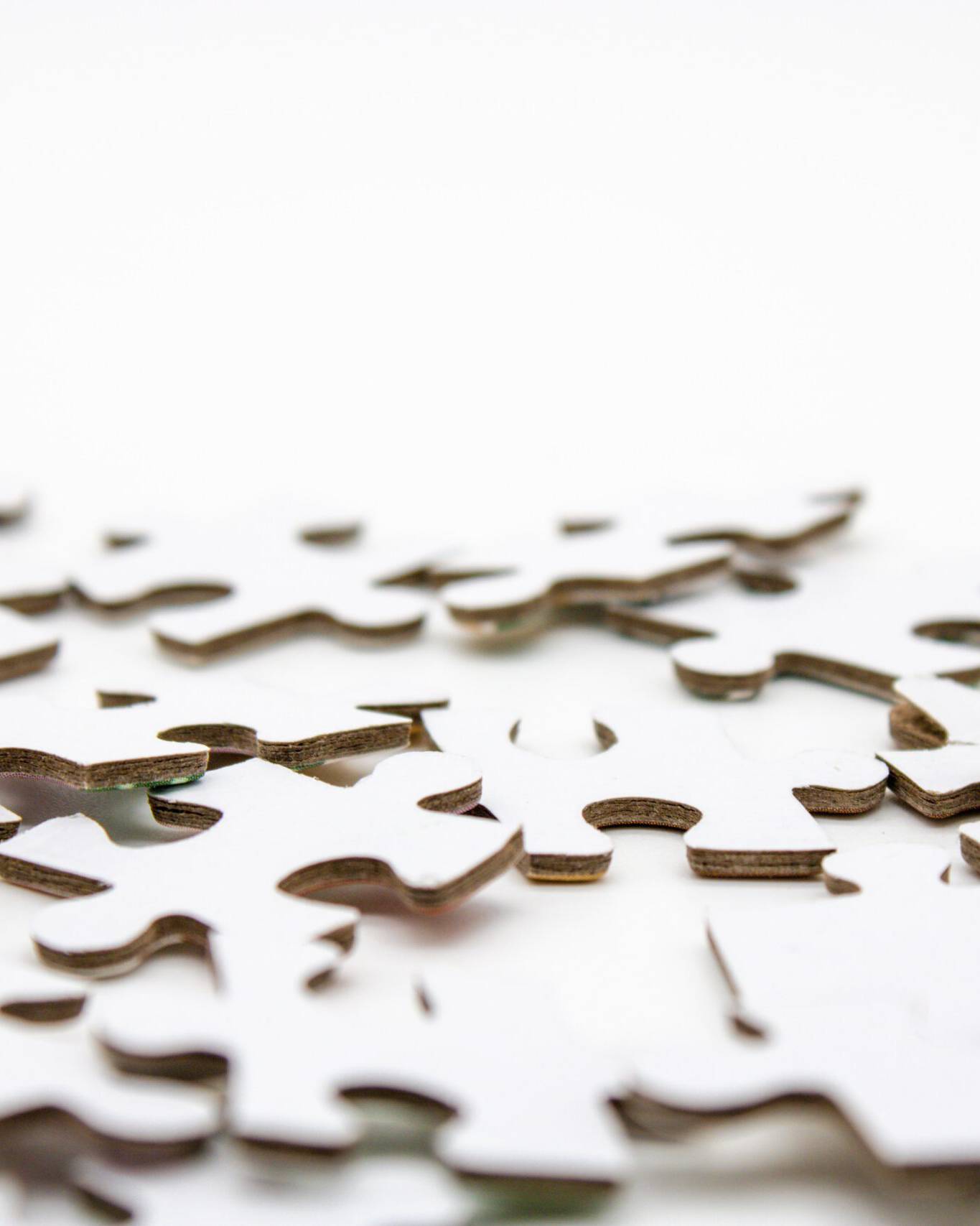 Weiße Puzzlestücke liegen wild verteilt auf einer weißen Oberfläche und unterstreichen visuell die Aussage, dass nur gemeinsam ein erfolgreicher Transformationsprozess stattfinden kann.